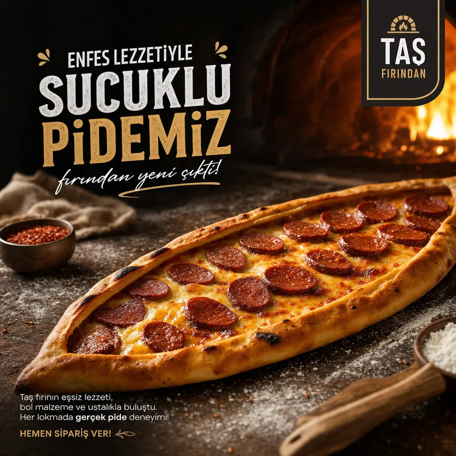 Taş fırından sucuklu pide için örnek reklam görseli